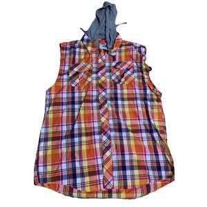 VTG‎ 90s Make Vourmark Mens Drawstring Hooded  Plaid Vest  Button Up Size 2XL